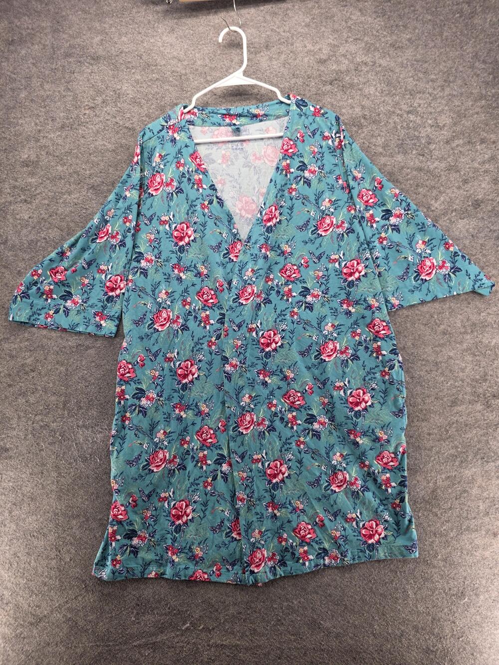 Vera Bradley Robe Womens S/M Teal Floral Kimono Sleeve Cotton Stretch Lounge